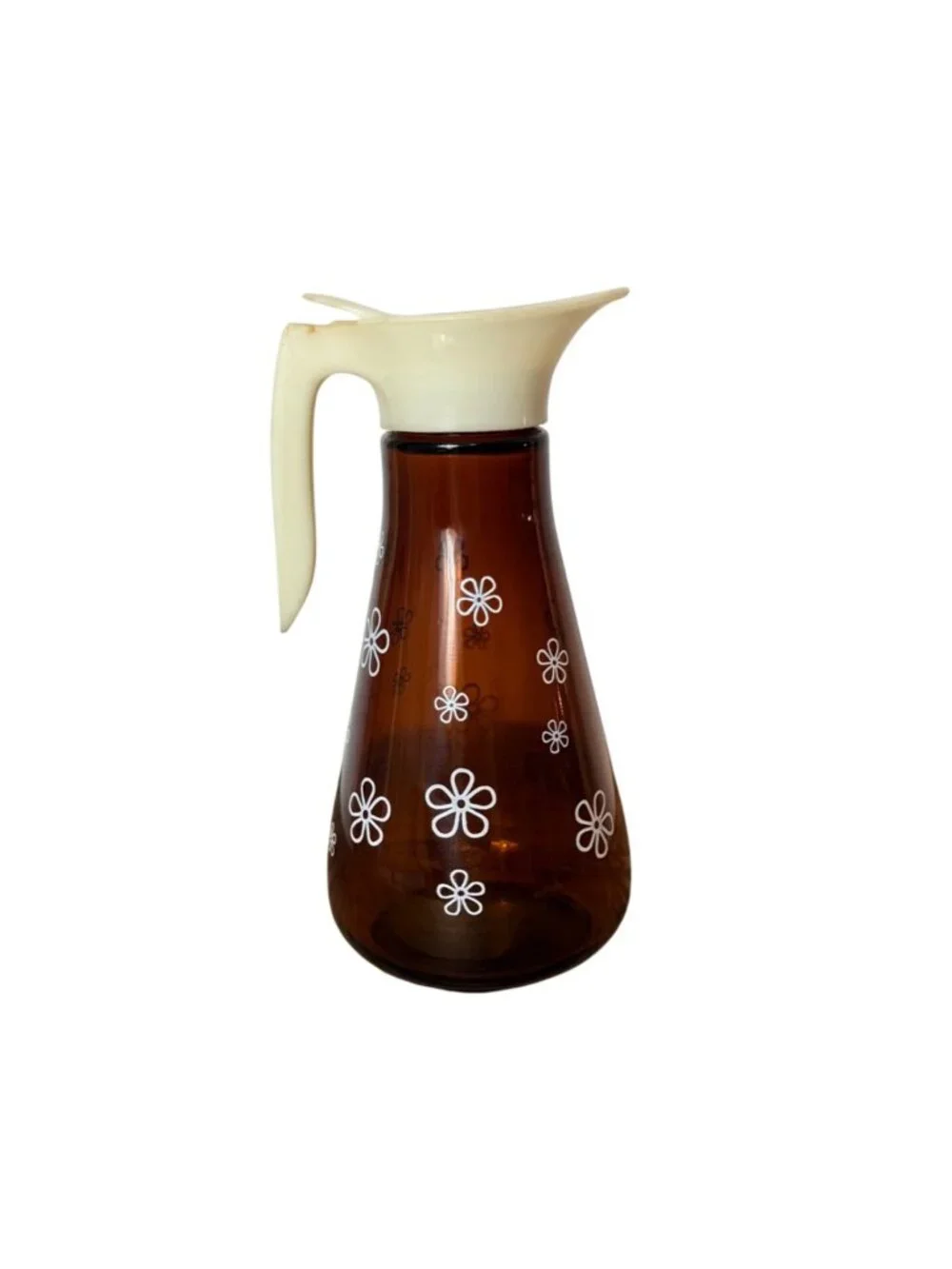 Thatcher Syrup Dispenser Amber Glass Daisy 16 Oz VTG 60s MCM Pitcher Retro Decor